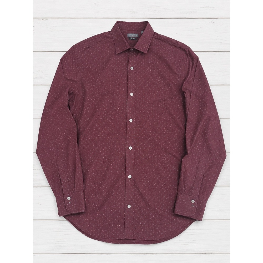 Van Heusen Button Down Shirt Slim Fit Flex Maroon Geometric Print Mens M 15-15.5